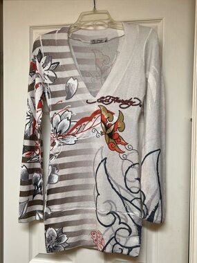 Vintage Ed Hardy White Floral Butterfly V-Neck Long Sleeve Top Fits M or S